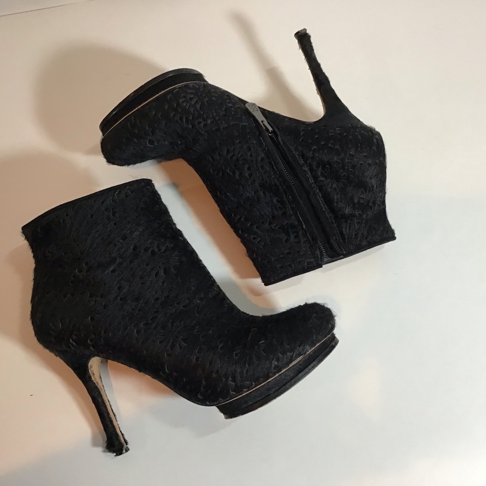 BCBG Ven Black Lace Pony Hair Heeled Ankle Booties